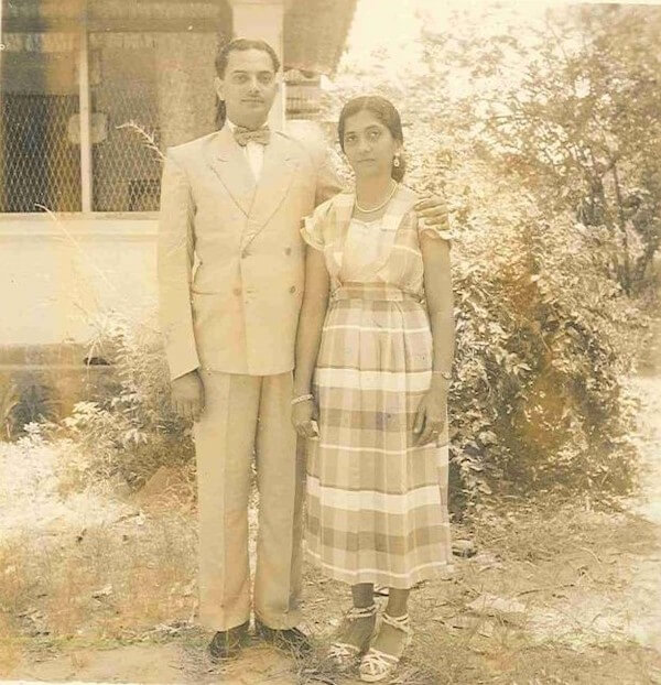 Tajbibi and Alwaez Abualy in front of their house, early 1950s