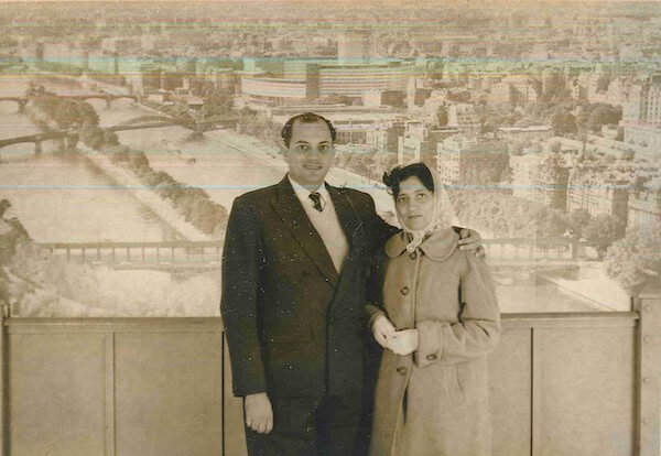 Tajbibi and Alwaez Abualy on the second floor of the Eiffel Tower, Paris, 1963