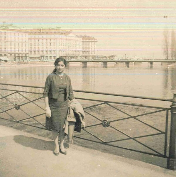 Tajbibi on the bridge over the River Rhone in Geneva, Switzerland. 1963