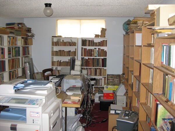 A view of Alwaez Abualy's library in the lower level of his home in Burnaby, British Columbia